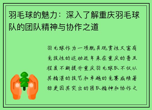 羽毛球的魅力：深入了解重庆羽毛球队的团队精神与协作之道